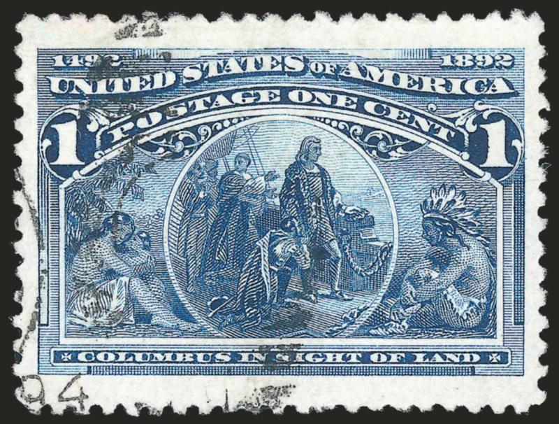 1c Columbian (230).> Jumbo margins, fresh color on bright paper and lightly cancelled, Extremely Fine Gem, with 2009 P.S.E. certificate (XF-Superb 95 Jumbo SMQ $125.00 as 95, $365.00 as 98)