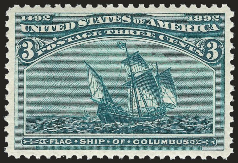 3c Columbian (232).> Mint N.H., deep rich color and proof-like impression on post-office fresh paper, unusually wide and balanced margins<><>^EXTREMELY FINE GEM. THIS SUPERB MINT NEVER-HINGED EXAMPLE OF THE
3-CENT COLUMBIAN ISSUE HAS BEEN GRADED SU
