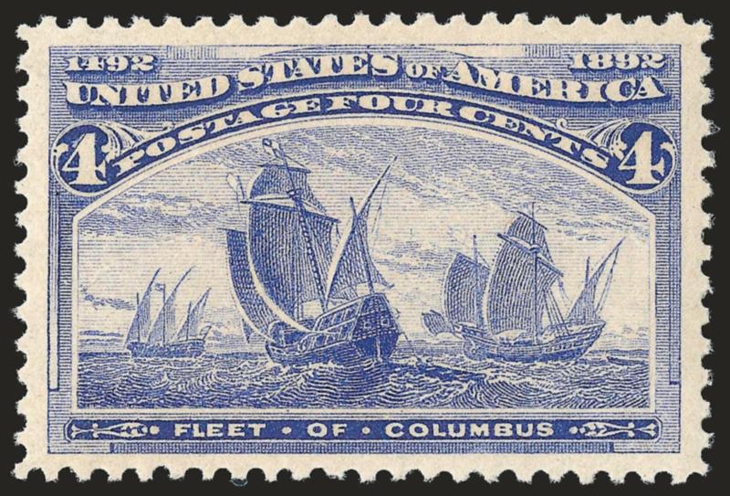 4c Columbian (233).> Mint N.H., bright color which shows every detail of the intricate engraving, unusually choice centering with Jumbo margins, Extremely Fine Gem, with 2000 P.F. and 2008 P.S.E. certificates
(XF-Superb 95 Jumbo SMQ $1,500.00 as 95,
