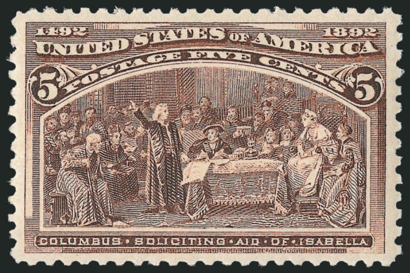 5c Columbian (234).> Mint N.H., radiant color and crisp impression, well-proportioned margins, Extremely Fine, with 2006 P.S.E. certificate (XF 90 SMQ $470.00)