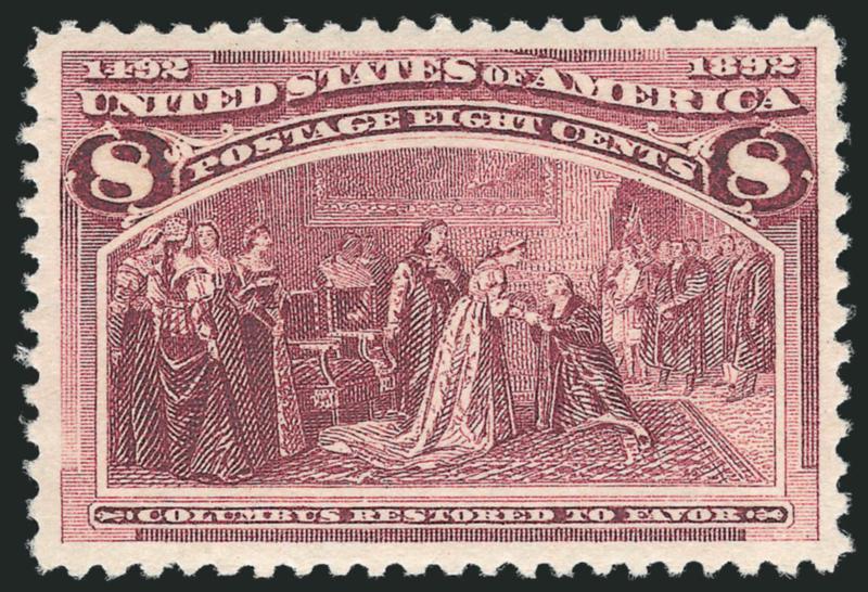 8c Columbian (236).> Mint N.H., vivid color and proof-like impression on bright white paper, choice centering with wide and balanced margins, Extremely Fine Gem, with 2008 P.S.E. certificate (XF-Superb 95 SMQ
$1,350.00)