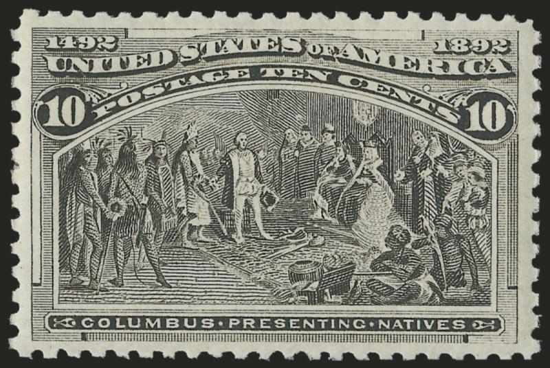 10c Columbian (237).> Mint N.H., intense shade and detailed impression on bright white paper, choice centering with wide and balanced margins<><>^EXTREMELY FINE GEM. A BEAUTIFUL MINT NEVER-HINGED EXAMPLE OF THE
10-CENT COLUMBIAN ISSUE.^<><>P.S.E.
