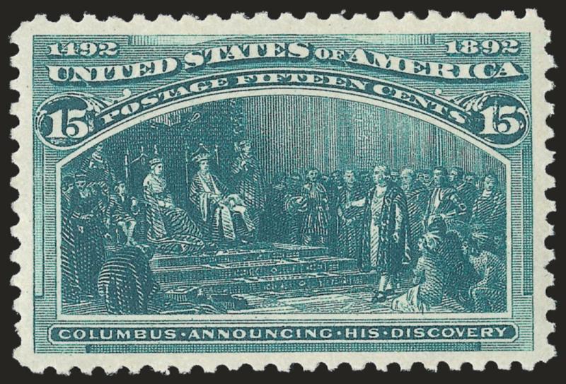 15c Columbian (238).> Original gum, radiant color, detailed impression, wide and balanced margins, Extremely Fine, a beautiful stamp, with 2009 P.S.E. certificate (OGph, XF-Superb 95 SMQ $760.00)