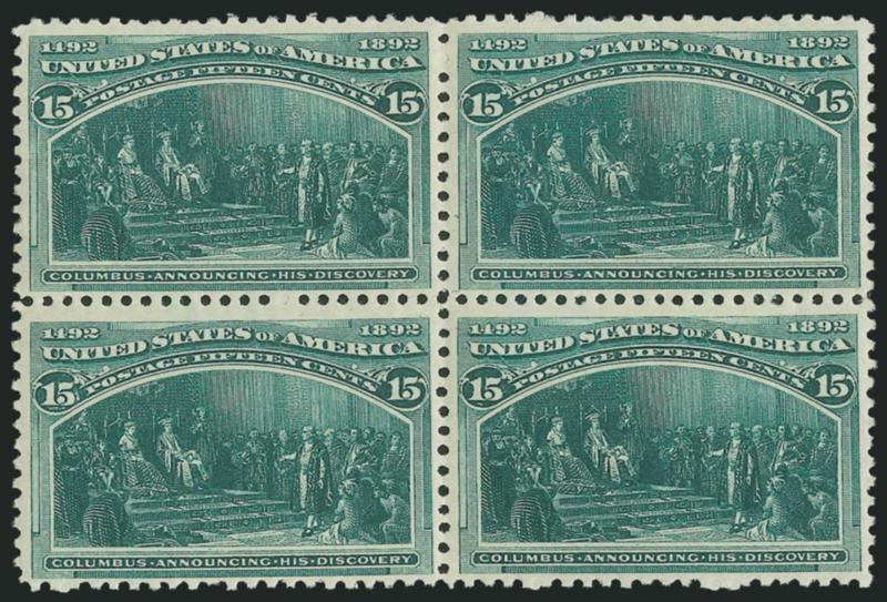 15c Columbian (238).> Mint N.H. block of four, deep color on fresh paper, Very Fine and choice, Scott Retail as Mint N.H. singles