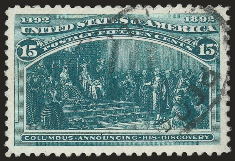 15c Columbian (238).> Rich color and proof-like impression on bright paper, unusually choice centering with Jumbo margins, unobtrusive strike of oval cancel, Extremely Fine Gem, a phenomenal stamp in every
respect, with 2009 P.S.E. certificate (XF-Su