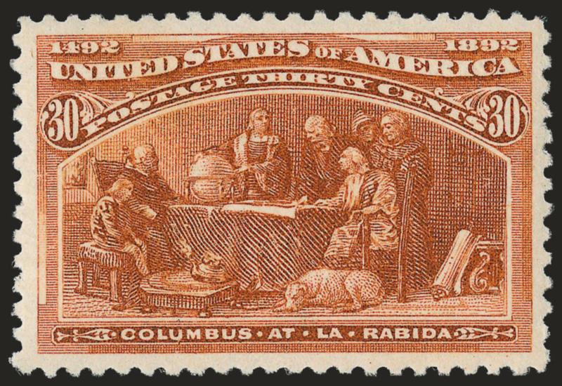 30c Columbian (239).> Mint N.H., vibrant color as fresh as the day it was printed on bright paper, well-proportioned margins, Extremely Fine, a stamp with great visual appeal, with 1999 P.F. and 2007 P.S.E.
certificates (XF 90 SMQ $1,800.00)