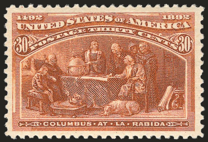 30c Columbian (239).> Original gum, perfectly centered with extra wide margins, lovely warm color, Extremely Fine Gem, with 2008 P.S.E. certificate (OGph, XF-Superb 95 SMQ $700.00)