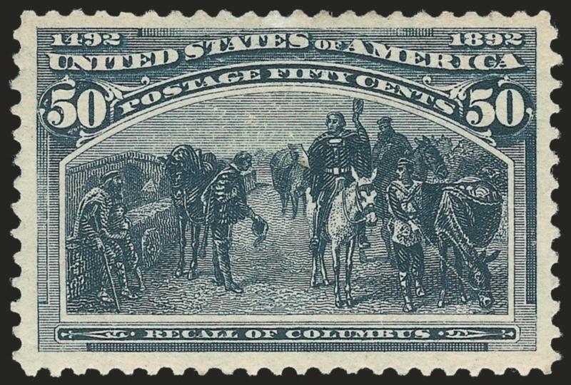50c Columbian (240).> Original gum, lightly hinged, choice wide margins and excellent centering, intense color, Extremely Fine, with 2009 P.F. certificate (OGph, XF 90)