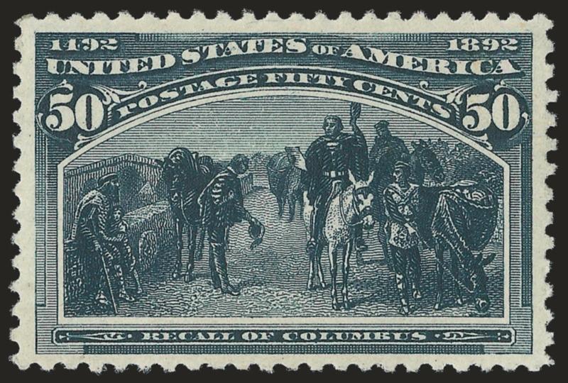 50c Columbian (240).> Original gum, lightly hinged, wide margins and choice centering, fresh, intense color, Extremely Fine, with 2009 P.S.E. certificate (OGph, XF 90 SMQ $950.00)
