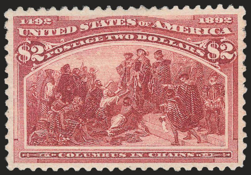 $2.00 Columbian (242).> Original gum, lightly hinged, radiant color and crisp impression, unusually choice centering with wide and balanced margins, long and full perforations<><>^EXTREMELY FINE GEM. A SUPERB
ORIGINAL-GUM EXAMPLE OF THE $2.00 COLUM