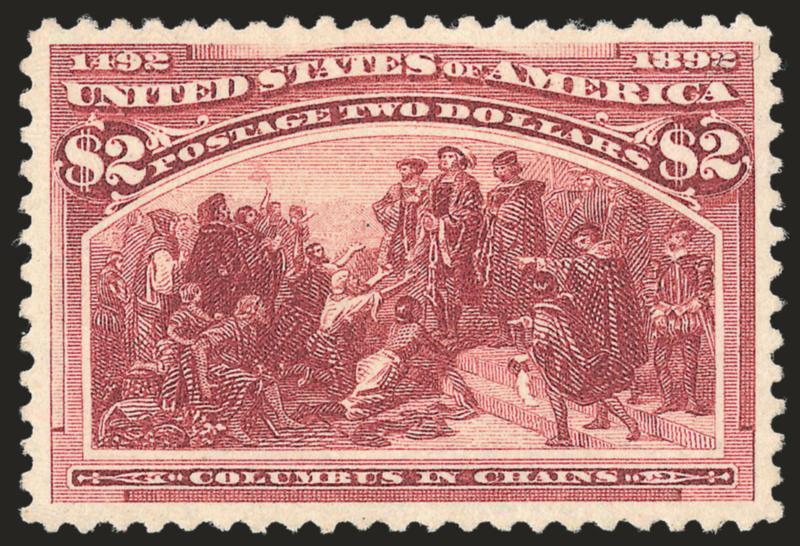 $2.00 Columbian (242).> Original gum, lightly hinged, exceptionally well-centered, marvelous color and detailed impression, Extremely Fine, with 1987 P.F. and 2009 P.S.E. certificates (OGph XF 90 SMQ
$1,850.00)
