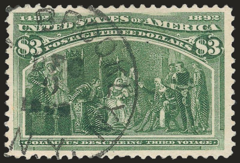 $3.00 Columbian (243).> Beautiful margins and well-centered, deep rich color with clear Brooklyn N.Y. circular datestamp, minute thin speck of little importance, Very Fine and choice appearance