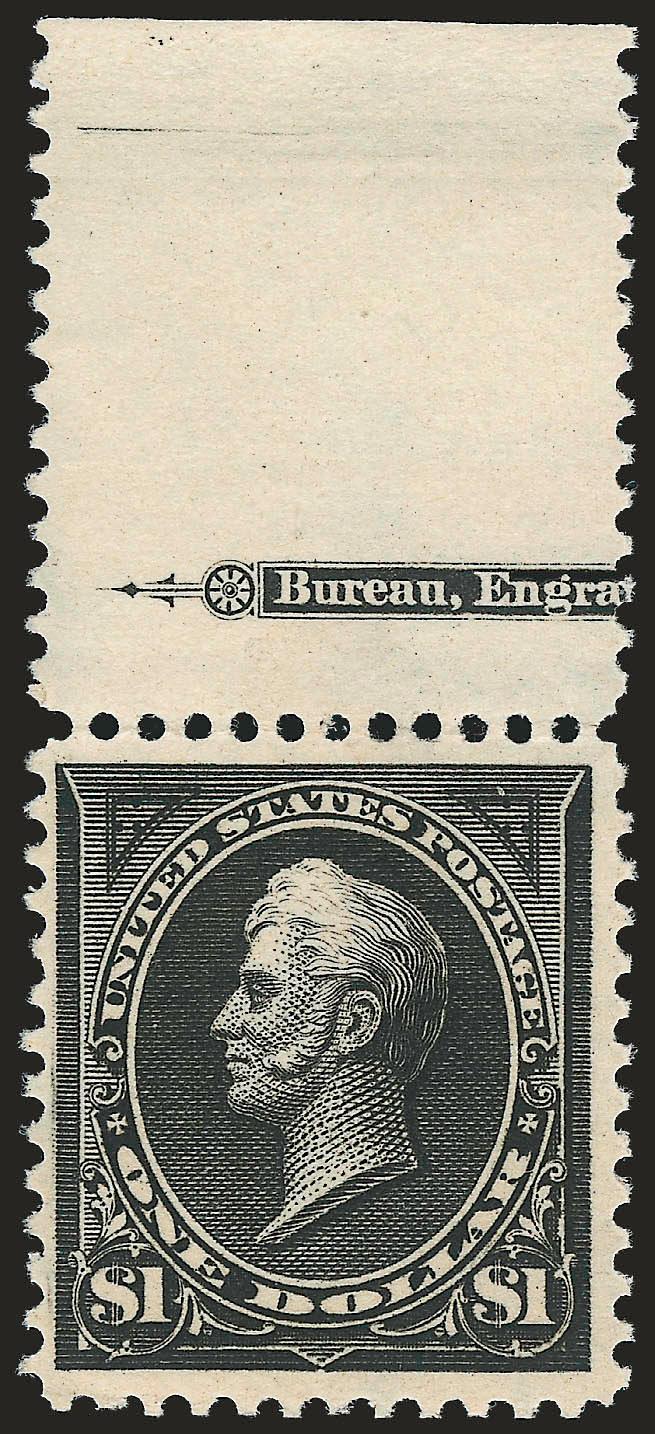$1.00 Black, Ty. I (276).> Mint N.H. with <wide part imprint selvage at top,> detailed impression, wide margins, Very Fine and choice, with copy of 2006 P.F. certificate for imprint and plate no. strip of
three