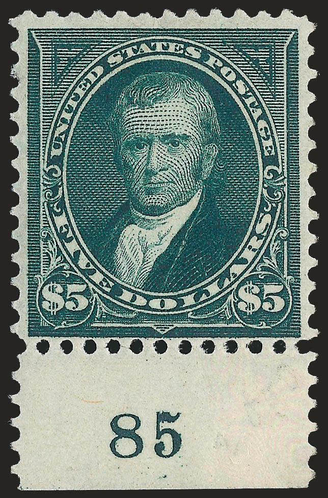 $5.00 Dark Green (278).> Original gum, lightly hinged with bottom plate no. 85 selvage, wonderful deep rich color, balanced side margins, centered bottom, perfs clear, Fine, with 2007 P.F. certificate