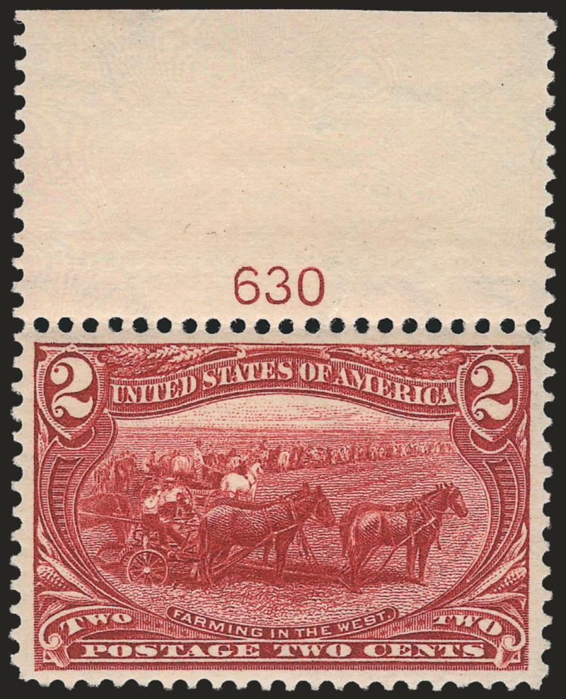 2c Trans-Mississippi (286).> Mint N.H. with <plate no. 630> at top, rich color on bright paper, wide and balanced margins, Extremely Fine Gem, with 1983 P.F. and 2007 P.S.E. certificates (XF-Superb 95 SMQ
$840.00)
