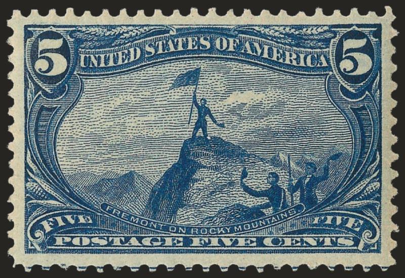 5c Trans-Mississippi (288).> Original gum, lightly hinged, beautiful Jumbo margins and attractively centered, rich color, Extremely Fine, with 2008 P.S.E. certificate (OGph, XF 90 Jumbo SMQ $240.00 as 90,
$450.00 as 95)