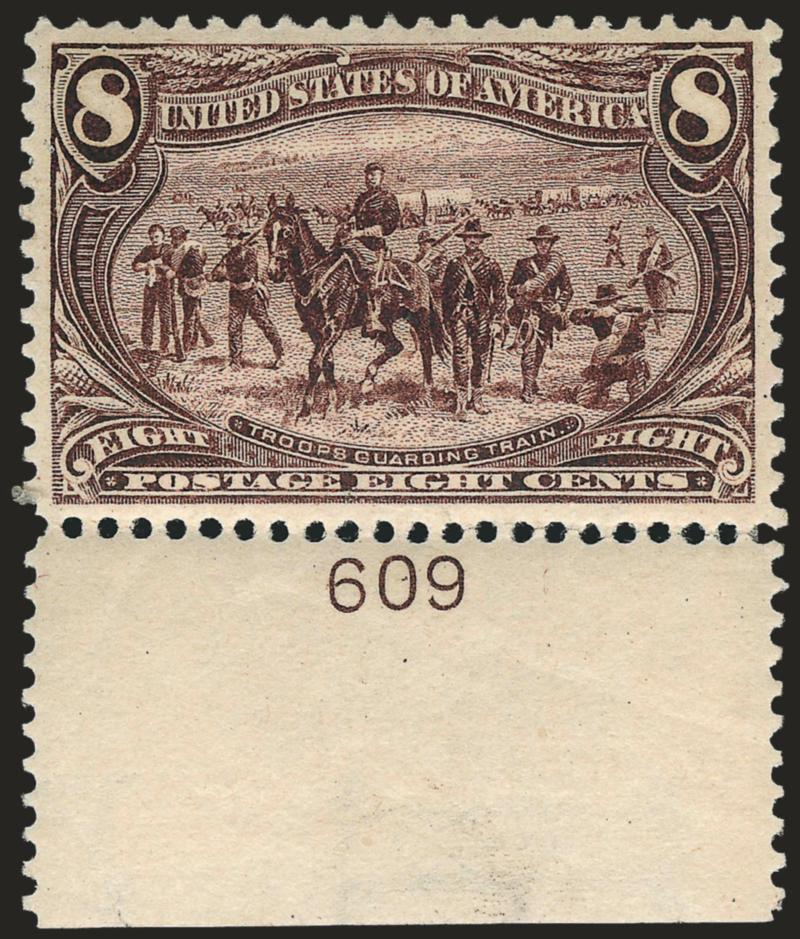 8c Trans-Mississippi (289).> Original gum, lightly hinged, with bottom <plate no. 609> selvage, exceptionally wide margins for this difficult Trans-Mississippi value, nearly perfectly centered, rich color and
crisp impression, Extremely Fine Gem, wit