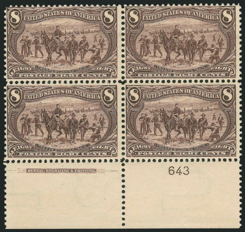 8c Trans-Mississippi (289).> Bottom imprint and plate no. block of four, slightly glazed original gum, rich color, Fine