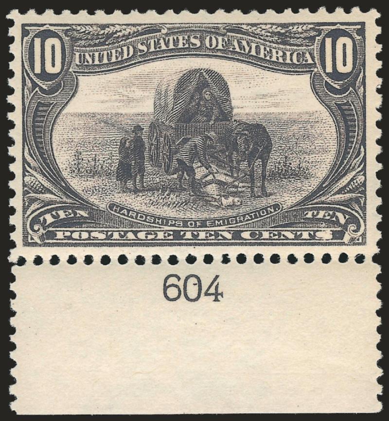 10c Trans-Mississippi (290).> Mint N.H. with <plate no. 604> at bottom, wide margins, beautiful color and detailed impression, Extremely Fine, with 2003 P.F. certificate