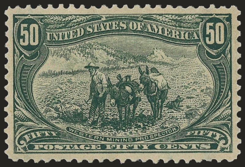 50c Trans-Mississippi (291).> Original gum, lightly hinged, very handsome wide margins and almost perfectly centered, magnificent color and impression, a very difficult stamp to find in this grade, Extremely
Fine Gem, with 2009 P.S.E. certificate (OG