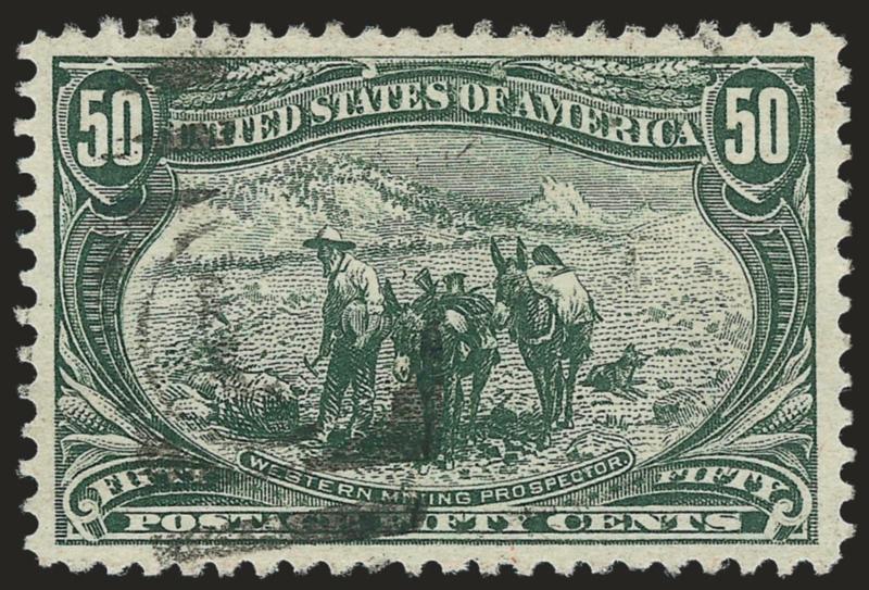 50c Trans-Mississippi (291).> Uncharacteristically wide margins and excellent centering, rich color, lightly struck oval grid cancel, Extremely Fine, with 2007 P.F. certificate (XF 90)