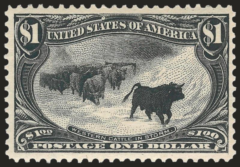 $1.00 Trans-Mississippi (292).> Mint N.H., intense shade and proof-like impression on bright paper, long and full perforations all around<><>^VERY FINE. A PRISTINE MINT NEVER-HINGED EXAMPLE OF THE $1.00
TRANS-MISSISSIPPI ISSUE, WHICH HAS BEEN DESCR