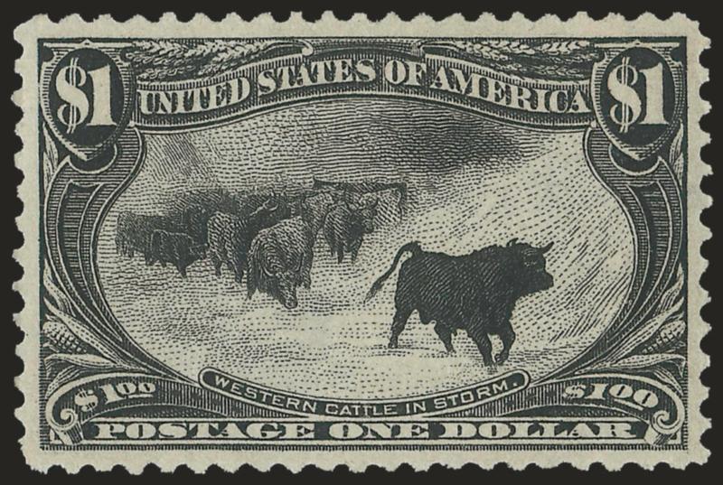 $1.00 Trans-Mississippi (292).> Original gum, lightly hinged, intense shade and proof-like impression, almost perfect centering<><>^EXTREMELY FINE GEM. A SUPERB ORIGINAL-GUM EXAMPLE OF THE $1.00
TRANS-MISSISSIPPI ISSUE.^<><>P.S.E. encapsulated (O