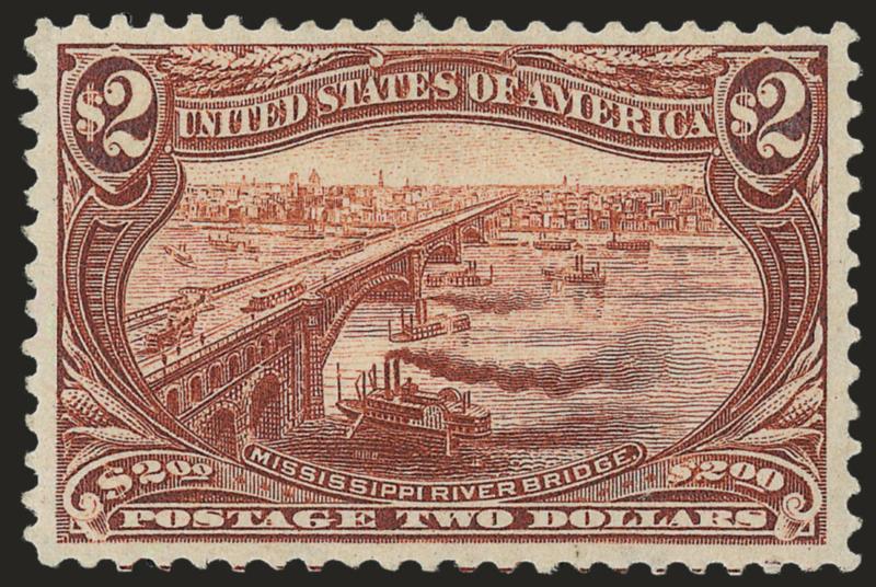$2.00 Trans-Mississippi (293).> Original gum, intense shade and impression, much better centering than normally found<><>^EXTREMELY FINE ORIGINAL-GUM EXAMPLE OF THE $2.00 TRANS-MISSISSIPPI ISSUE.^<><>The $2.00
Trans-Mississippi is rarely found wi