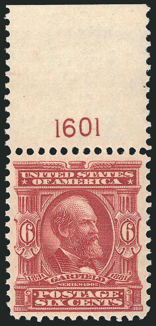 6c Claret (305).> Mint N.H. with top <plate no. 1601> selvage, well-centered, bright color and crisp impression, Very Fine and choice, with 2008 P.S.E. certificate (VF-XF 85 SMQ $255.00)