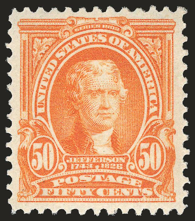50c Orange (310).> Lightly hinged, vibrant color as fresh as the day it was printed, wide and balanced margins, Extremely Fine Gem, a beautiful stamp, with 2009 P.S.E. certificate (OGph, XF-Superb 95 SMQ
$1,350.00)