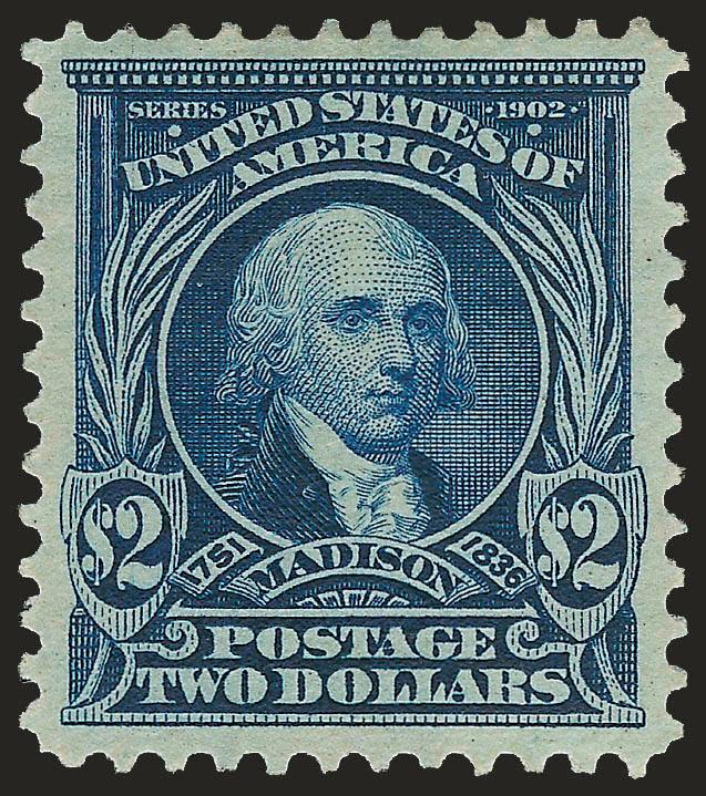 $2.00 Dark Blue (312).> Lightly hinged, rich color on bright paper, unusually choice centering with wide and balanced margins, long and full perforations all around<><>^EXTREMELY FINE GEM. A SUPERB ORIGINAL-GUM
EXAMPLE OF THE $2.00 1902 ISSUE.^<><