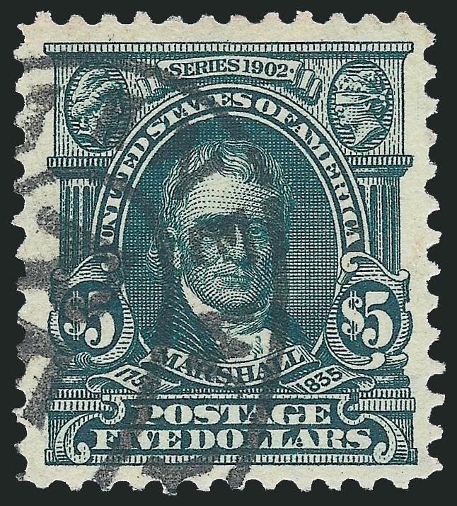 $5.00 Dark Green (313).> Wide margins, deep rich color, bold oval registry cancel, Extremely Fine, with 2009 P.S.E. certificate (XF 90 SMQ $1,200.00)
