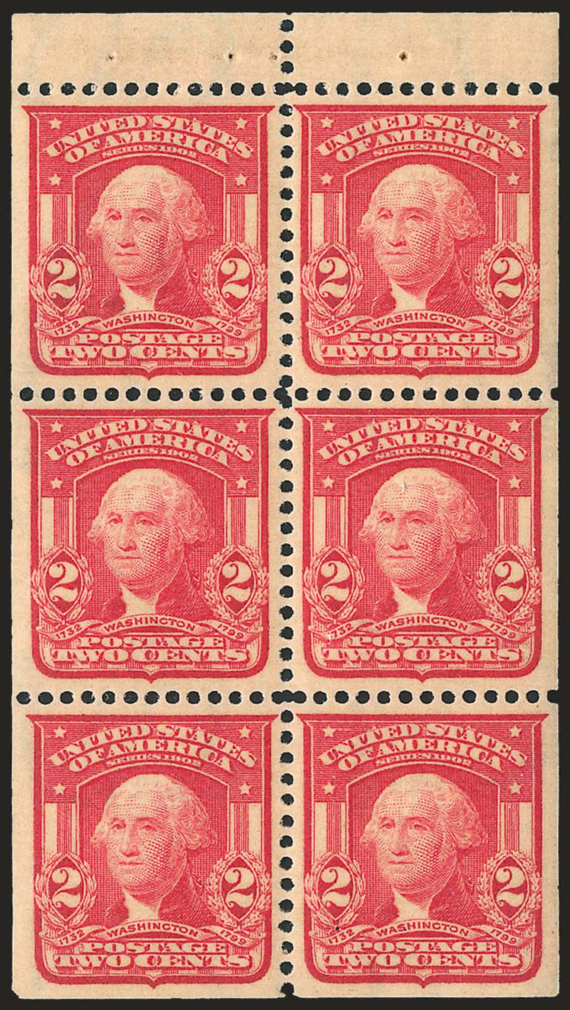 2c Carmine, Ty. I, Booklet Pane of Six (319g).> Mint N.H., bright shade, gorgeous centering, fresh and Extremely Fine