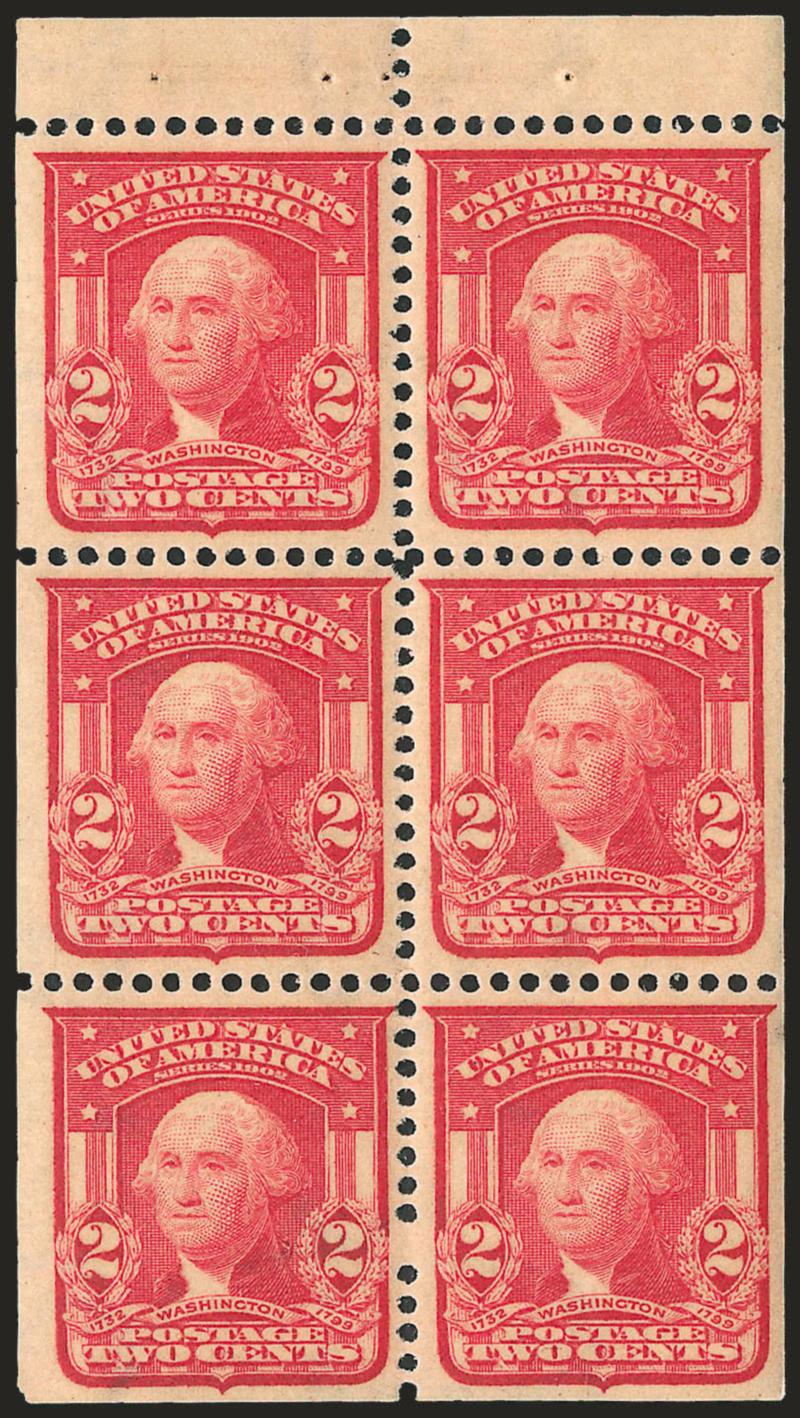 2c Carmine, Ty. I, Booklet Pane of Six (319g).> Mint N.H., unusually choice centering throughout, rich color, Extremely Fine