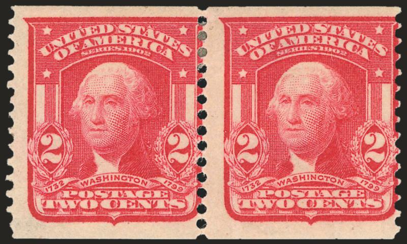 2c Carmine, Coil (322).> Pair, fresh color, centered to right but with wide margins at top and bottom, small h.r.<><>^VERY GOOD PAIR OF THE 2-CENT 1908 HORIZONTAL COIL.^<><>Armstrong notes that only 167
examples had been certified by the Philatel