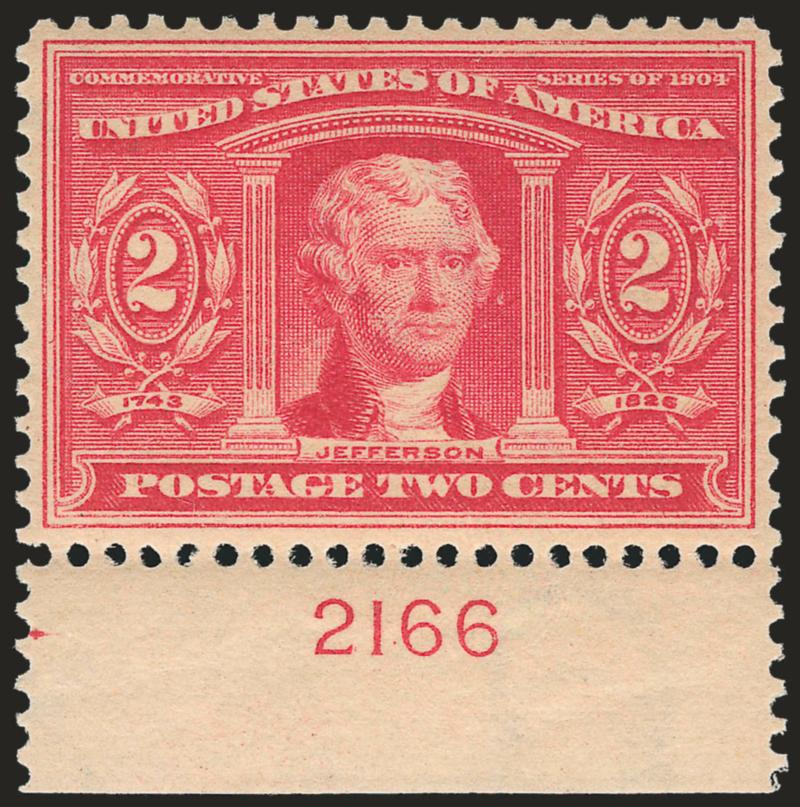 2c Louisiana Purchase (324).> Mint N.H. with <plate no. 2166> at bottom, bright color, well-proportioned margins, Extremely Fine, with 1997 (for block) and 2006 P.F. certificates (XF 90) and 2005 P.S.E.
certificate (XF 90 SMQ $195.00)