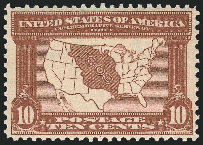 10c Louisiana Purchase (327).> Mint N.H., brilliant color, well-balanced margins, long and full perforations all around, Extremely Fine, with 2004 P.S.E. certificate (XF 90 SMQ $920.00)