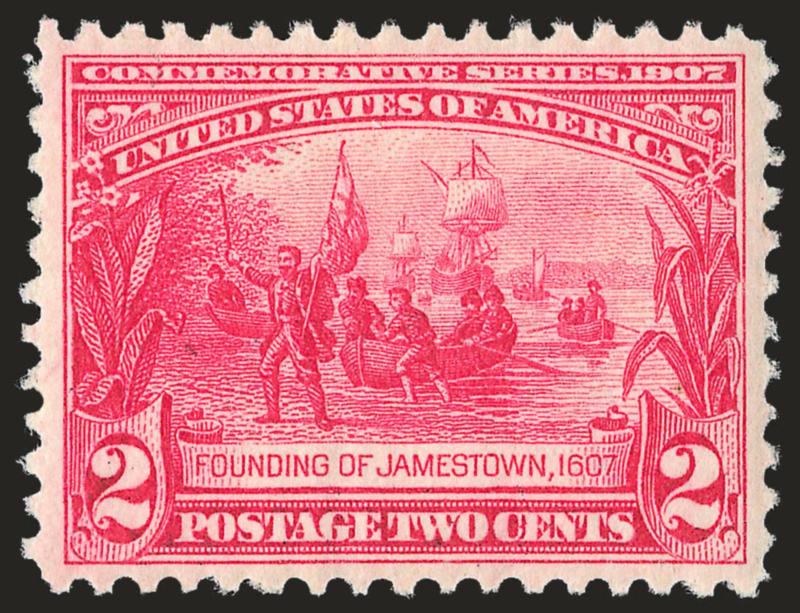 2c Jamestown (329).> Mint N.H., beautiful balanced Jumbo margins, vivid color and crisp impression, Extremely Fine Gem, with 2008 P.S.E. certificate (XF-Superb 95 Jumbo SMQ $800.00 as 95, $2,850.00 as 98),
according to the P.S.E. Population Report t