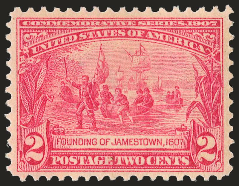 2c Jamestown (329).> Mint N.H., wonderfully well-centered and very attractive margins for this difficult issue that is notorious for skimpy margins, vivid color and clear impression, Extremely Fine Gem, with
2009 P.S.E. certificate (XF-Superb 95 SMQ