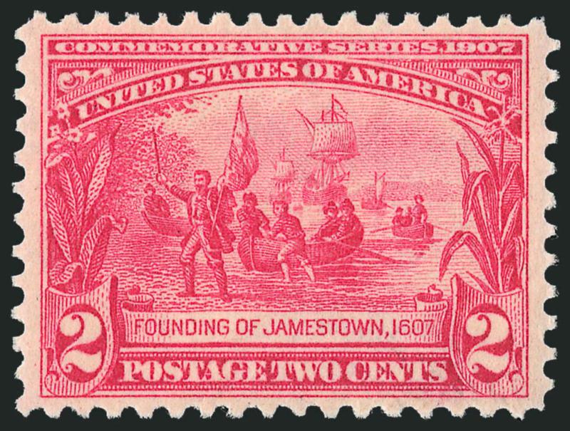2c Jamestown (329).> Mint N.H., almost perfectly centered, lovely bright color with an attractive pinkish hue, Extremely Fine, with 2009 P.S.E. certificate (XF 90 SMQ $225.00)
