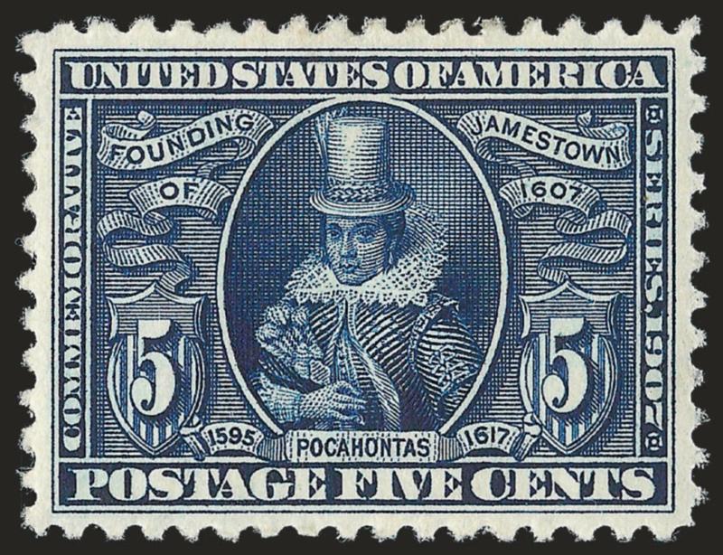 5c Jamestown (330).> Beautiful wide margins and essentially flawless centering, intense color, lightly hinged, Extremely Fine Gem, with 2006 P.S.E. certificate (OGph, XF-Superb 95 SMQ $310.00)