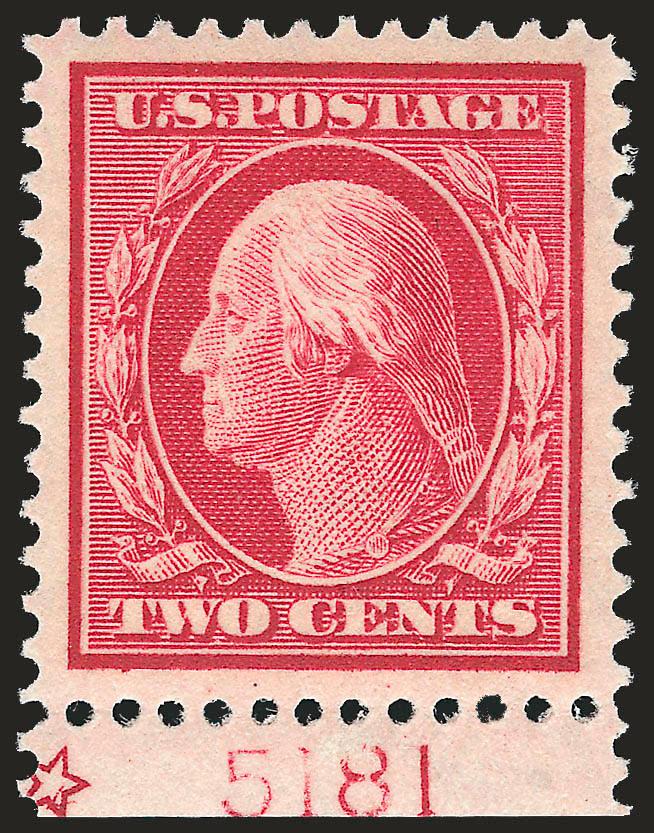 2c Carmine (332).> Mint N.H. with <plate no. 5181 and hollow star at bottom,> brilliant color on post-office fresh paper, perfectly centered, Extremely Fine Gem, with 2009 P.S.E. certificate (Superb 98 SMQ
$770.00)