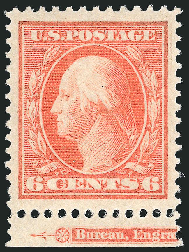 6c Red Orange (336).> Mint N.H. with bottom part imprint selvage, magnificent Jumbo margins and essentially perfect centering, vivid color<><>^EXTREMELY FINE GEM. A LOVELY ADDITION TO A HIGH-QUALITY SET OF THE
1908-09 PERF 12 DOUBLE-LINE WATERMARK