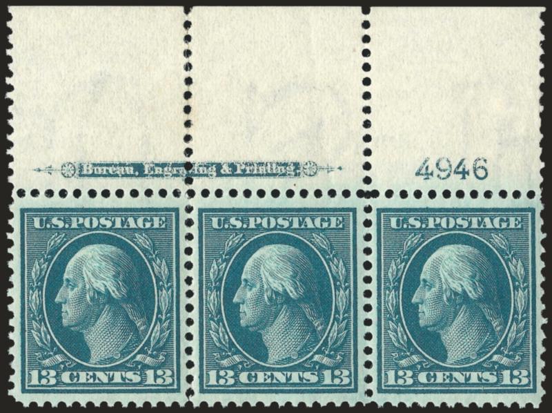13c Blue Green (339).> Wide top imprint and plate no. 4946 strip of three, faint selvage strengthening, stamps Mint N.H., wide margins and incredibly beautiful centering, rich color, Extremely Fine