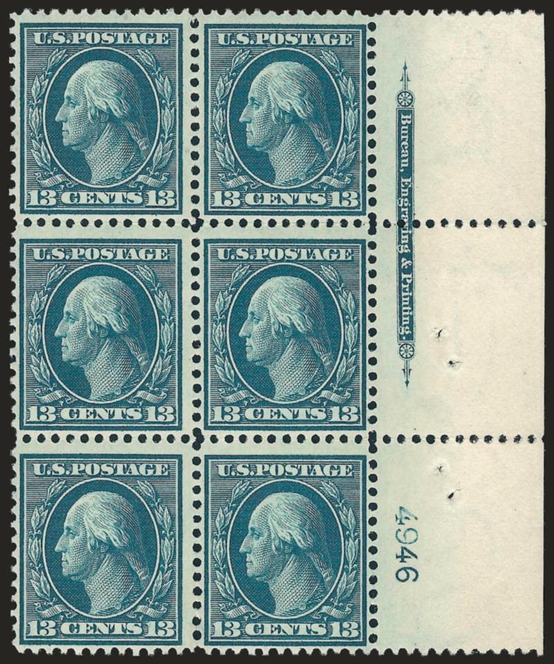 13c Blue Green (339).> Mint N.H. right imprint and plate no. 4946 block of six, rich color and detailed impression, fresh and Fine