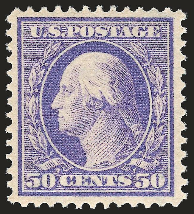 50c Violet (341).> Mint N.H., intense shade on bright paper, choice centering with wide and balanced margins<><>^EXTREMELY FINE MINT NEVER-HINGED EXAMPLE OF THE 1909 50-CENT PERF 12 DOUBLE-LINE WATERMARKED
ISSUE.^<><>With 1999 P.F. and 2009 P.S.E