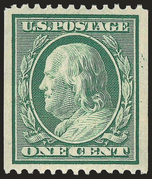 1c Green, Coil (348).> Mint N.H., brilliant color, crisp impression, unusually choice centering, Extremely Fine Gem, with 2009 P.S.E. certificate (Superb 98 SMQ $495.00), only one has graded higher to
date