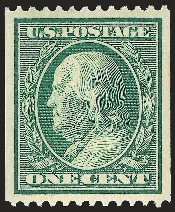 1c Green, Coil (348).> Mint N.H., deep rich color, choice centering with wide and balanced margins, Extremely Fine, with 2006 P.S.E. certificate (XF-Superb 95 SMQ $235.00)