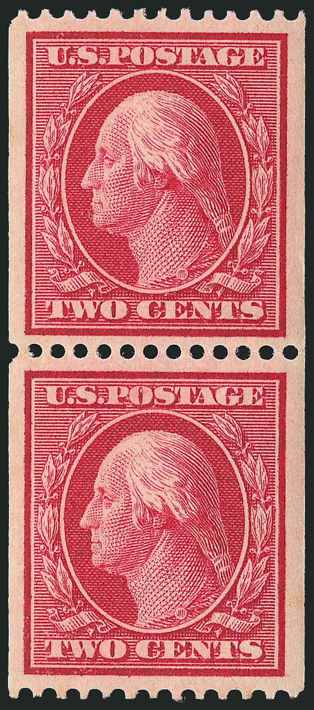 2c Carmine, Coil (349).> Mint N.H. pair, brilliant color and detailed impression, gorgeous centering<><>^EXTREMELY FINE GEM. A SUPERB MINT NEVER-HINGED PAIR OF THE 2-CENT VERTICAL COIL, SCOTT 349.^<><>With 1992
and 2004 P.F. and 2007 P.S.E. certi