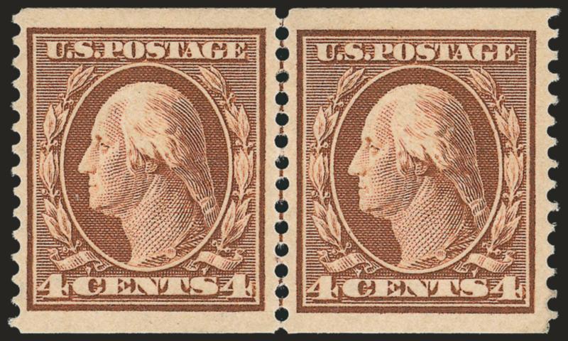 4c Orange Brown, Coil (354).> Guide line pair, lightly hinged, impressive Jumbo margins, lovely fresh color, Extremely Fine, ex Lutwak, with 1975 P.F. and 2008 P.S.E. certificates (OGph, VF-XF 85 Jumbo SMQ
$1,500.00 as 85, $1,850.00 as 90)